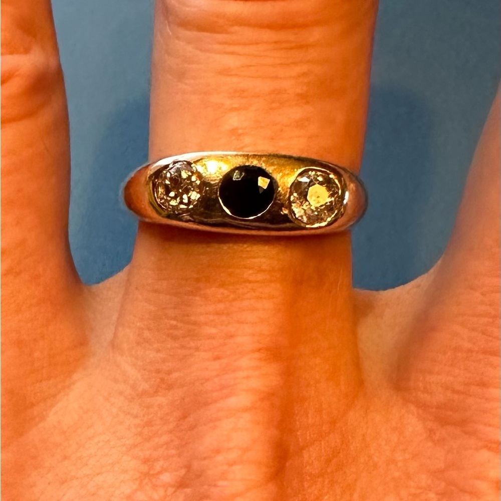 Gypsy ring two diamond and a sapphire 14k gold size 8-8.5